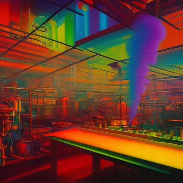 inside factory of colors. smoke rises from multi-colored glassware. color swatches in the background. hyperdetailed, warm colors, detailed painting, photorelistic, oil on canvas, light dust, futuristic. volumetric lighting