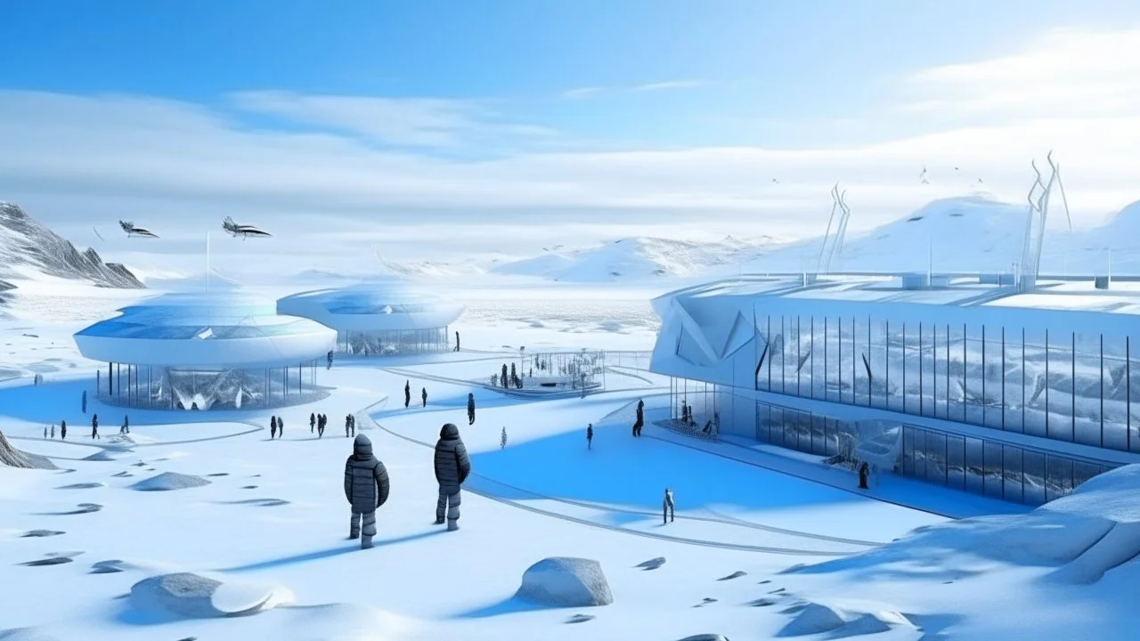 Futuristic research station in an Arctic landscape, sleek white architecture blending with ice, seals and seabirds nearby, small groups of people observing the frozen environment.