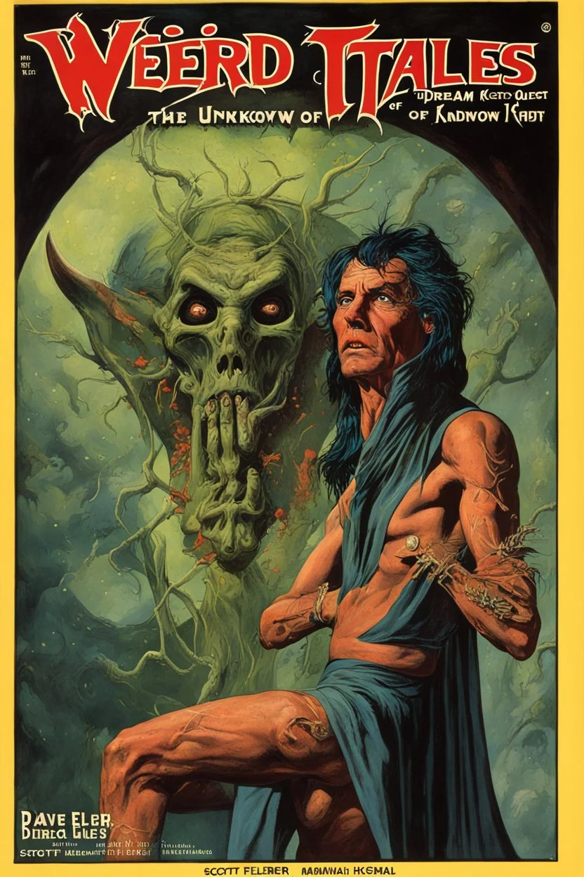 Cover of "WEIRD TALES" Magazine, "The Dream Quest of Unknown Kadath" story, Eldritch, sharp colors, horror, by Bill Elder, by Dave Kendall, by Scott M Fischer, maximalist, sinister, retro magazine cover.