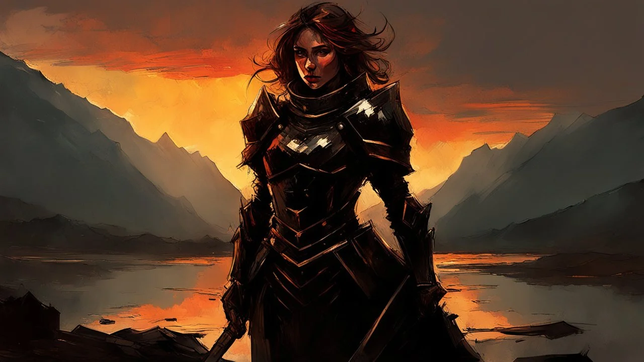 A formidable warrior girl in black armor, on the background Amazing gloomy landscape, flooded with sunset, mountains, trees, fabulous scary hero, , juicy emotions, painting, dark fantasy, gloomy day, dark world, portrait, by Leonid Afremov & Benedick Bana & Atelier Olschinsky & Ian McQue