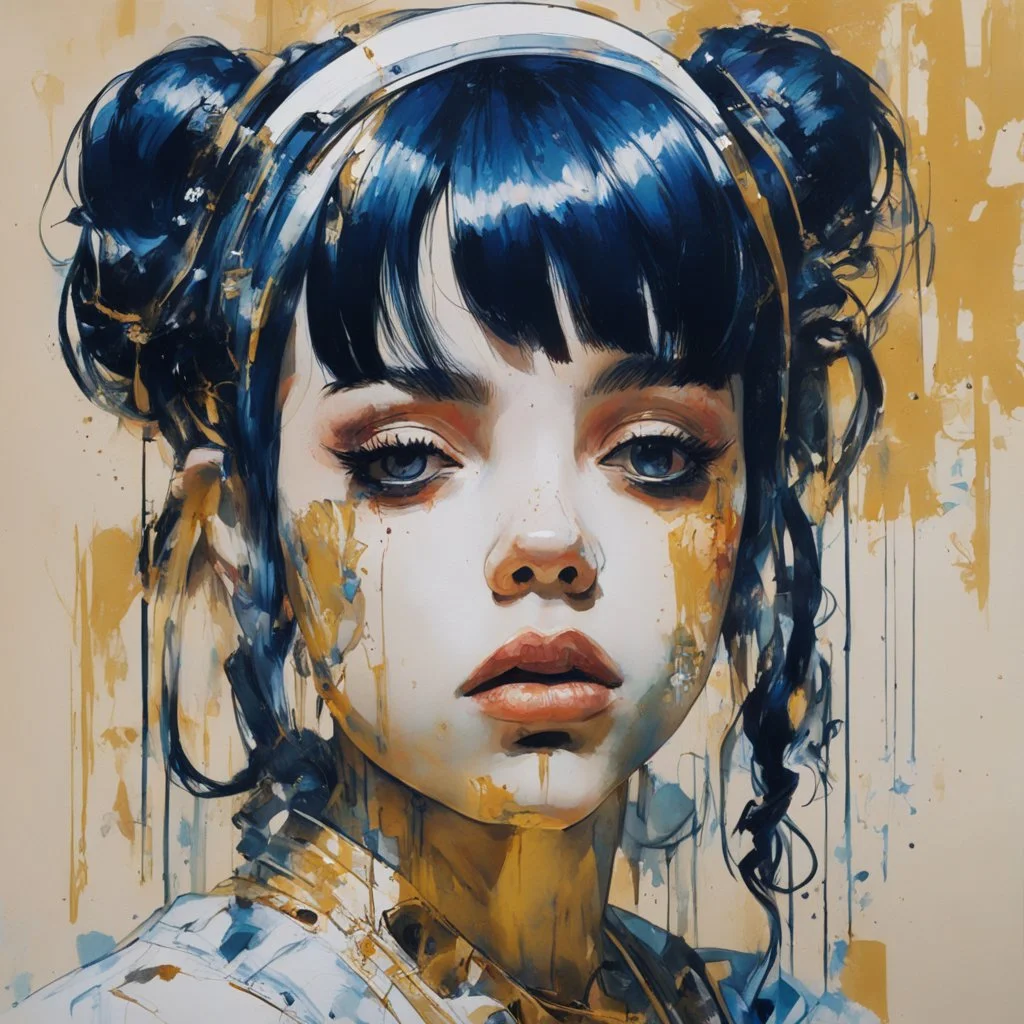 A portrait of a Singer Melanie Martinez face, cyberpunk, painting by Yoji Shinkawa, darkblue and gold tones,