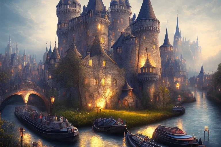 A magical gothic little town of witches with a castle and canals Nick Harris style