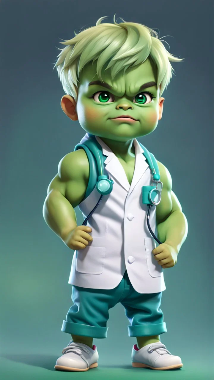 Lovely little baby hulk, full body portrait of cute little chibi boy looking at the camera realistically, dressed as a doctor, bright colors make octane popular on artstation, solid color background wall, lovely, cute, 3D rendering, cute pixar, inspired by Do cheung, blonde boy, andrew dixon, realistic, 3d, anime style, well shaded, smooth, pixar.