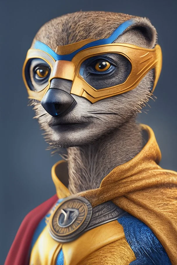 Superhero, Meerkatman, man, human bouth, male head, amor, meerkat mask, hyper realistic, intricately detailed, novelty, full body, cinematic, 4k