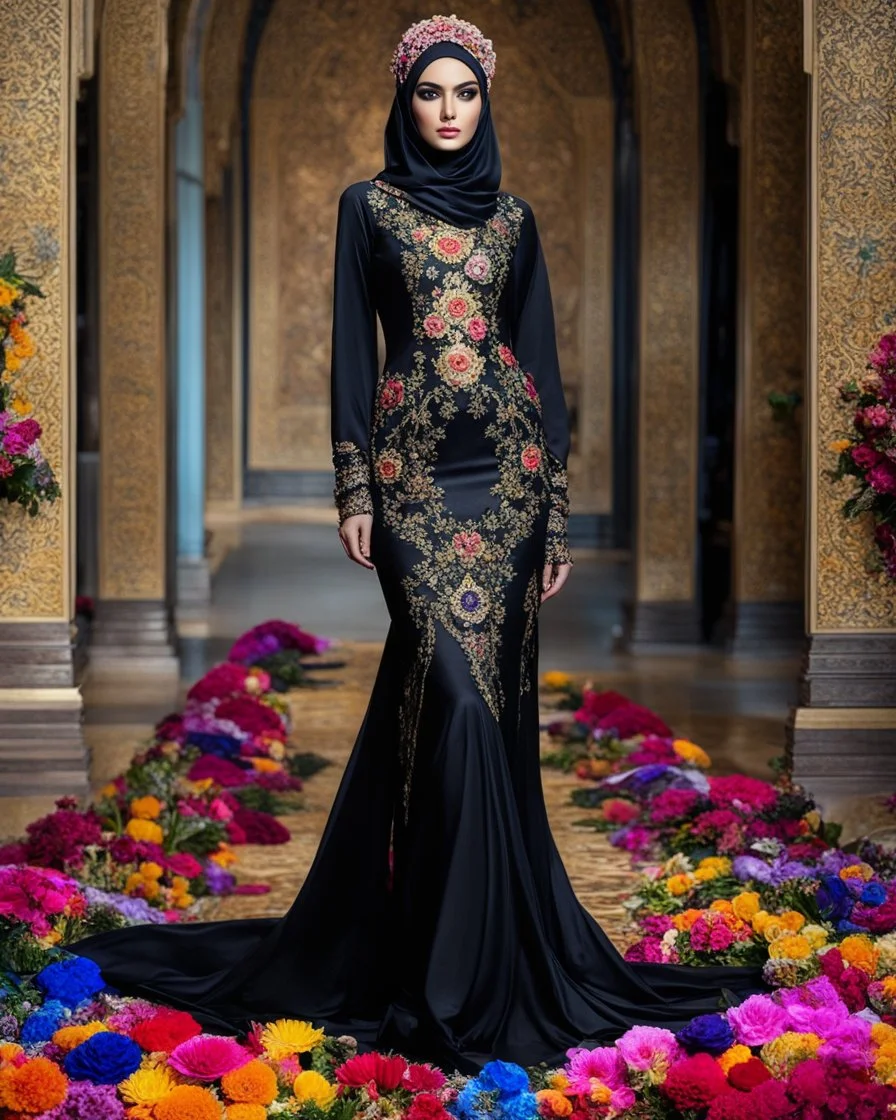 Full body Digital Photography art ,islamic fashion show cat walk gorgeous super model very beautiful woman iranian hijab ,dressing black luxury design colorful clothes gown made of flowers ,full of various kinds of flowers,digital photo sharp colors