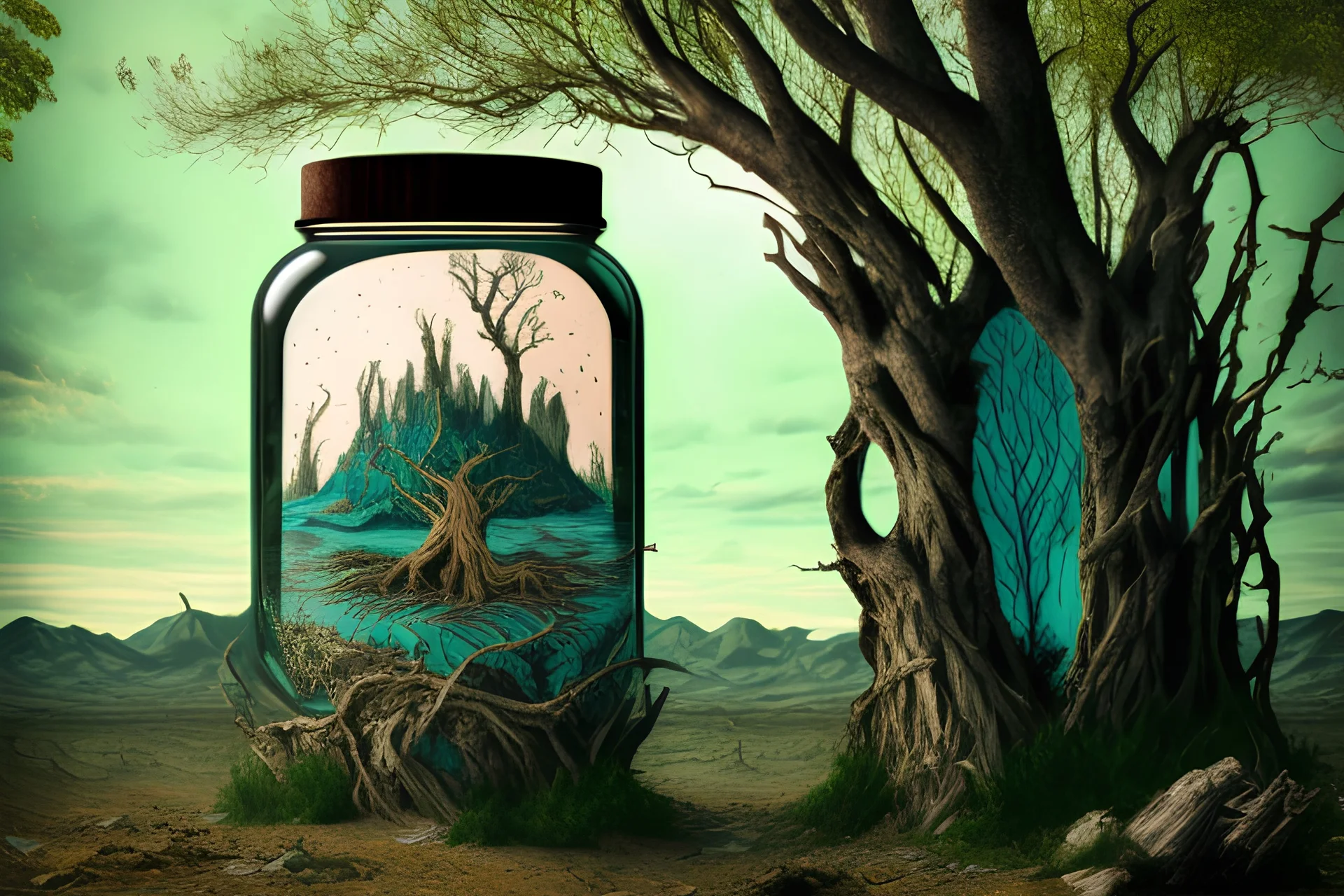 Apocalyptic landscape where a tree inside of a jar gets destroyed, design inspired by tarot cards