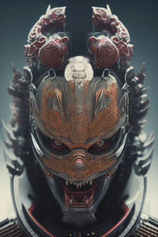 Furious rage, samurai warrior mask, close-up, macro lens, centered camera, intricate details, small minutiae, tiny features, particulars, colorful, 8k, least ambient occlusion, volumetric lighting,