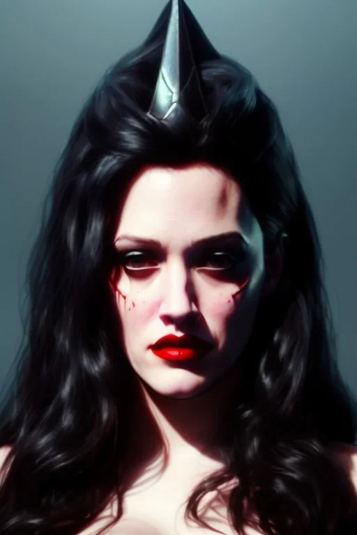 painting of kat dennings as evil queen in black leather pants, , leather, angry, stern look, volumetric lighting, particales,highly detailed,cinematic, deep colours,8, highly detailed, digital painting, artstation, concept art, smooth, sharp focus,