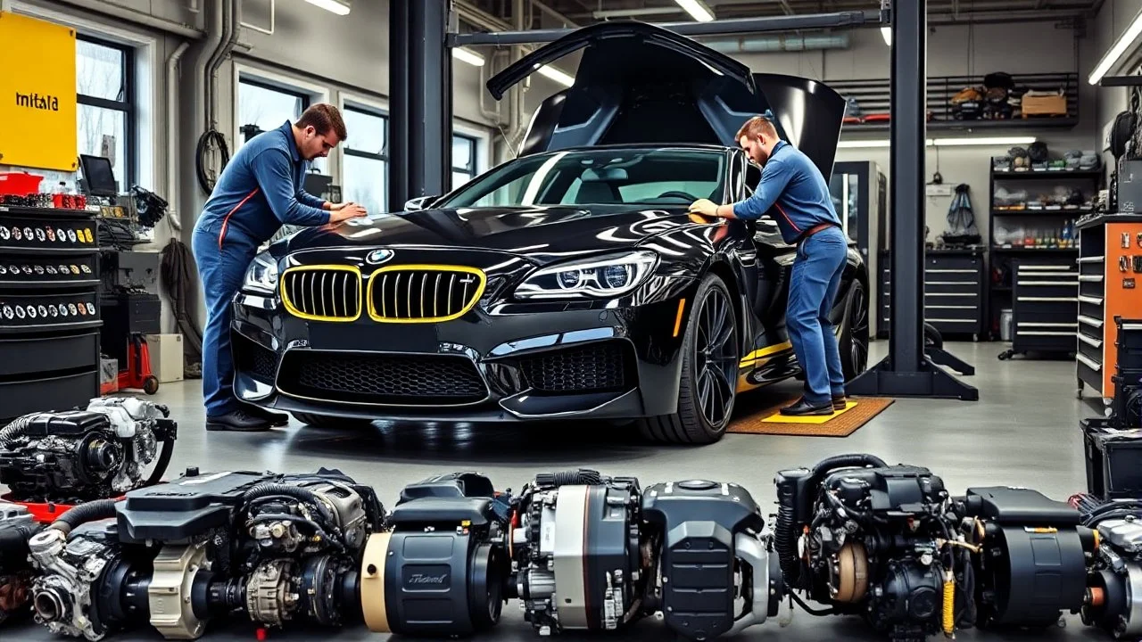 A car repair shop where two people in work clothes are repairing a black and yellow BMW M6 series with an eye-catching theme in a sophisticated and special repair shop where a collection of car engine parts is arranged on the floor at the bottom of the image.