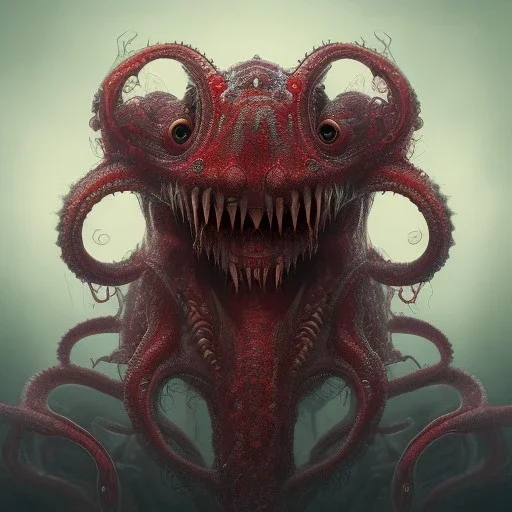 Monster, tentacles, red, huge, horror, teeth, a lot of eyes, masterpiece, expert, 8K, hyperrealism, sharp focus, cinematic lighting, blood, gore