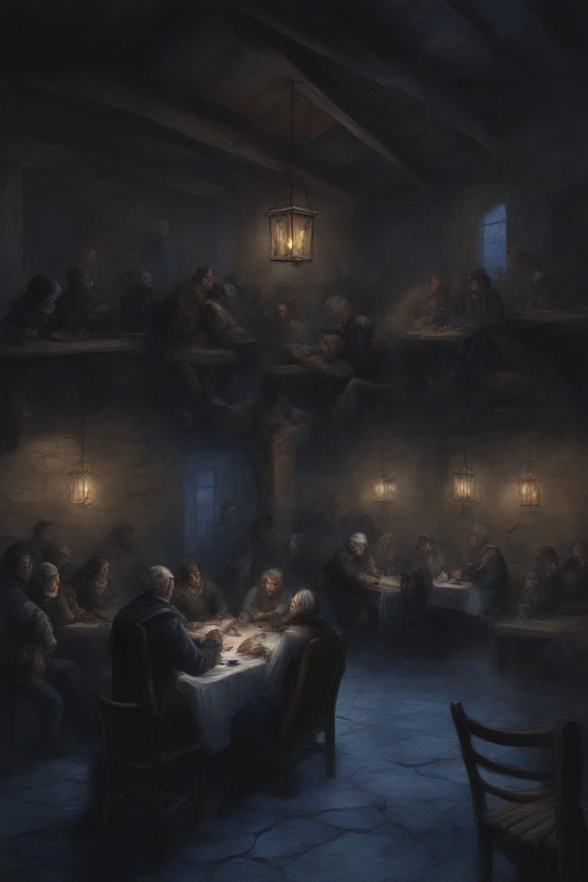 Winter Night, shades of blue, dark, moonlight Lots of People sitting around tables in a medieval tavern with a stone floor, add people to the chairs. Night time, dark, stars