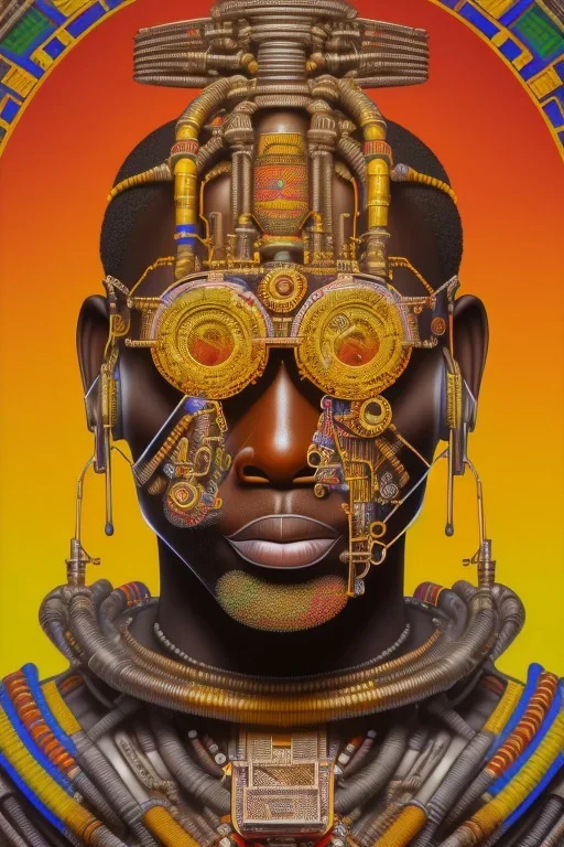 a beautiful full frame portrait digital painting of futuristic gaspunk, ghana kente, african symbols embossed, close-up, macro lens, centered camera, titanium accents, intricate details, small minutiae, tiny features, particulars, colorful, 8k, least ambient occlusion, volumetric lighting, volumetric clouds