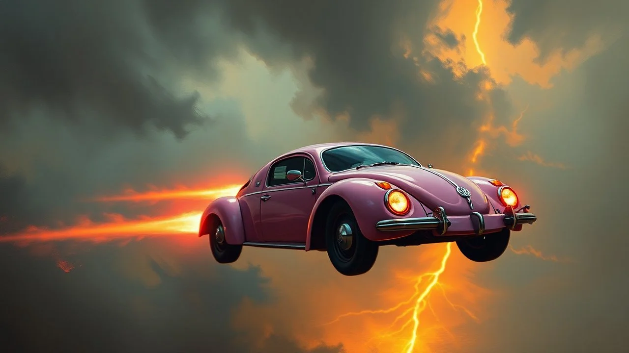 a high definition screen shot of a jet-fighter vw-beetle, retrofuturistic, phototrealism, in flight, one subject, thunderstormncc 1701 enterprise Macabre Rapture End of days Revelation scene, loose brush stroke matte oil painting, sinner apotheosis,diagonal composition, unbalanced, abstract surreal horror, eerie, scary warm colors, Eldritch, by Colin McCahon Upscale @JonKnockTurnal A photorealistic futuristic pink cadillac 2999 ufo, bilaterally