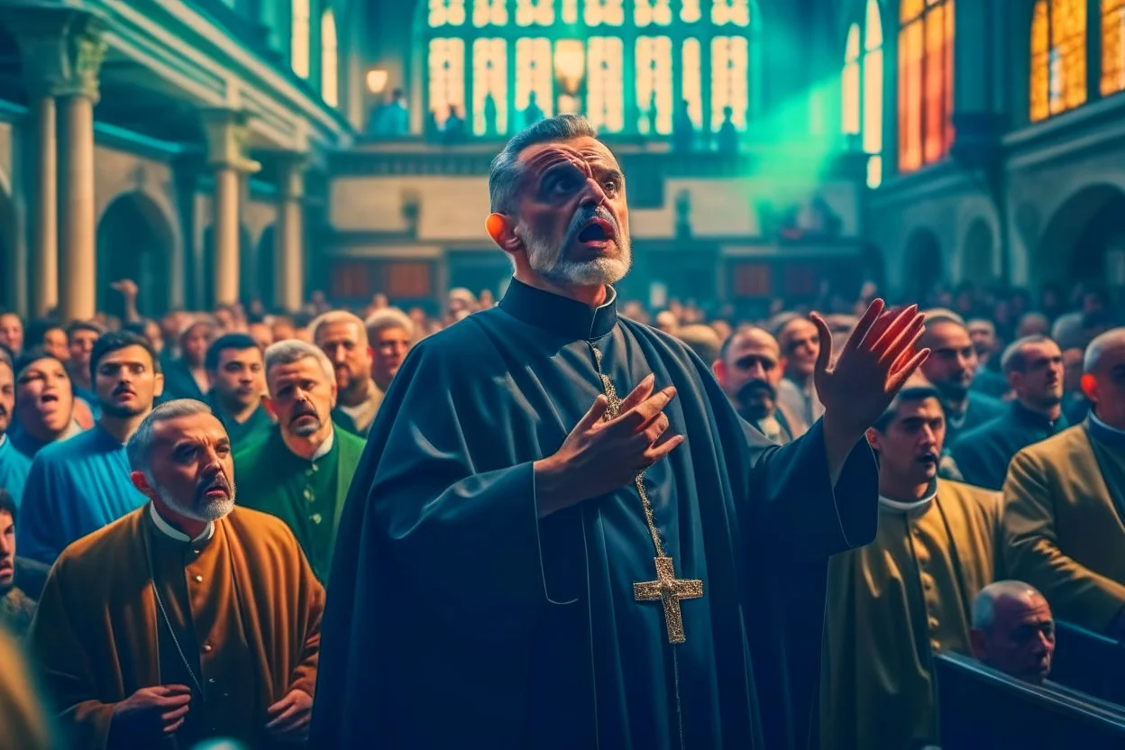 a priest in a crowded church who realizes that he is having an attack of colitis and, while he is preaching, tries to hold back a big fart. Insane details, photo shooted by Nadar. Low contrast, no hands