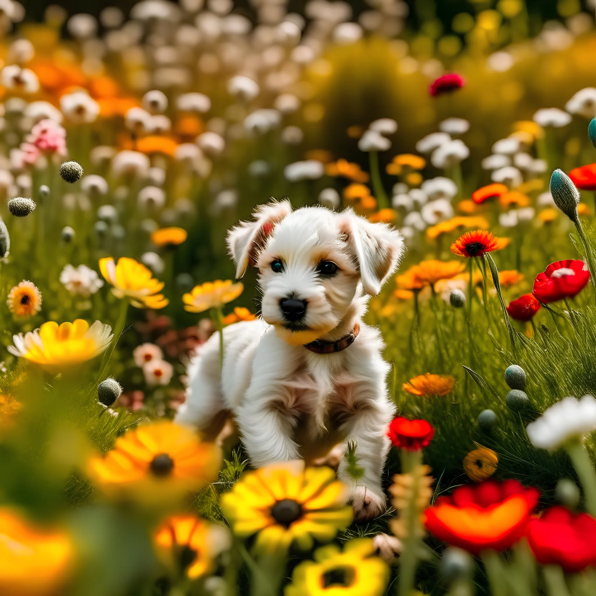 a puppy playing in a field of flowers