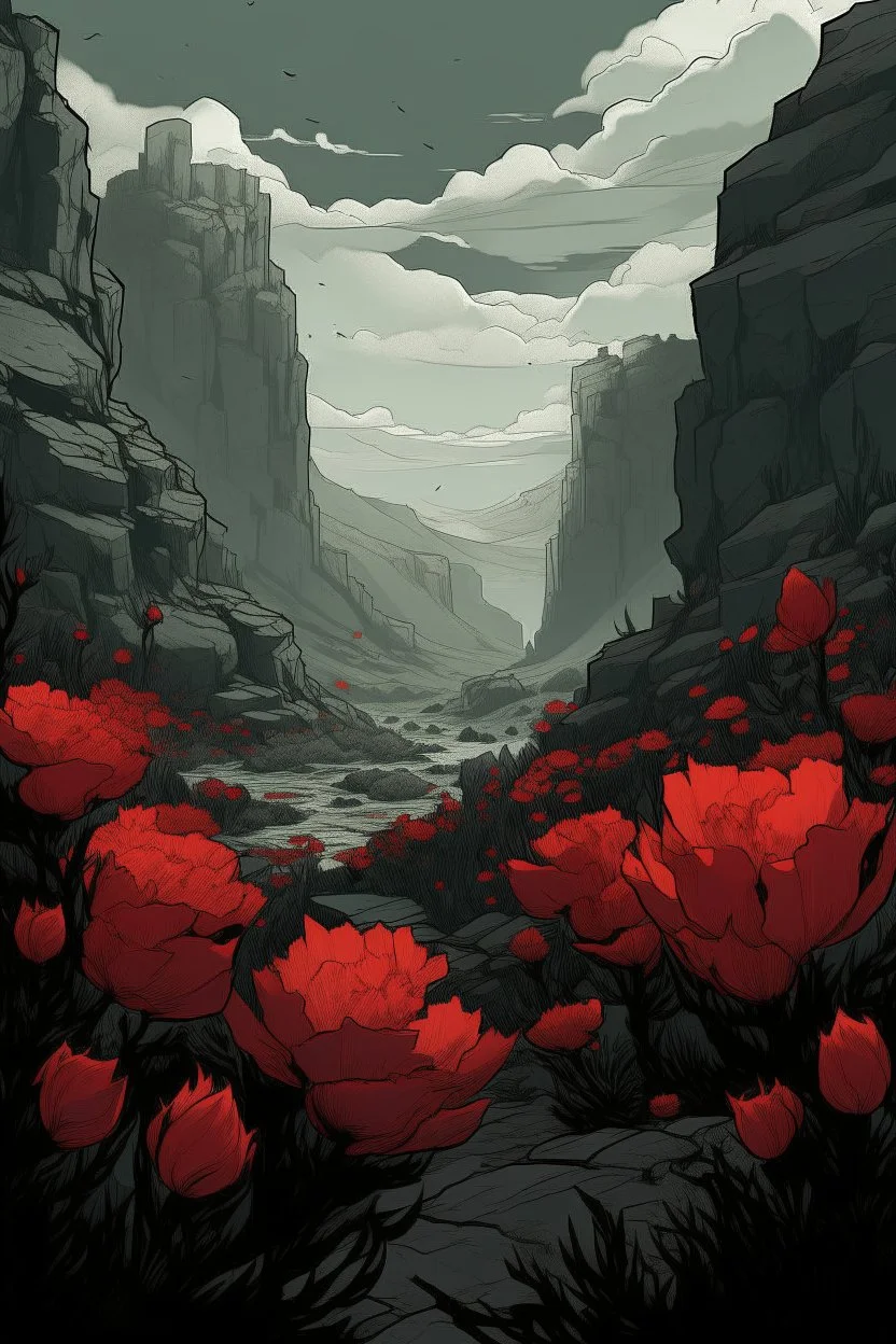 The grang canyon, Han illustration with a field with red flowers cloudy in dark aesthetic