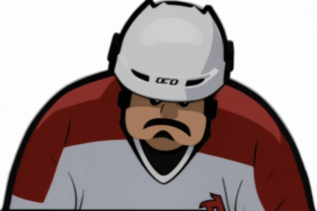 calvin angry pouting with head down wearing a hockey helmet, line art cartoon