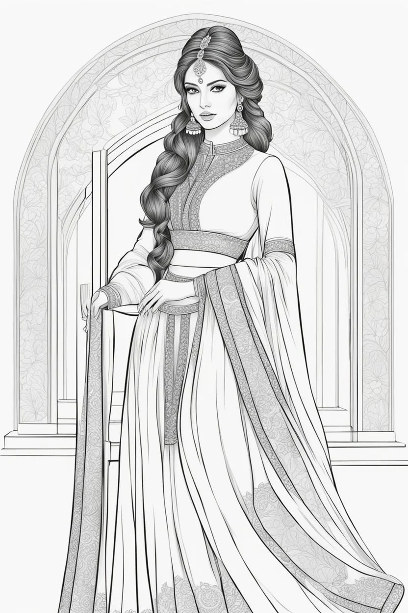 coloring page for adults of fashion model wearing hindi dress, thick and clear lines hair, full body portrait, style clean coloring page for adults, cartoon style, clean line art high detailed, white background, coloring book style, 8k, no-shading, thick lines hair, no-grayscale, lines hair