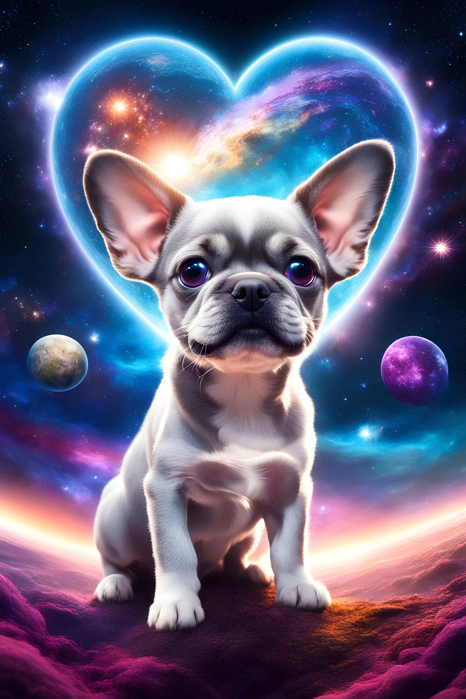 large eyed happy puppy grey frenchton in the distance a colorful intricate HEART shaped planet similar to earth in a brig ażht nebula, sparkles, cinematic lighting, vast distances, swirl, fairies, magical darkness, sharp, depth, jellyfish, cinematic eye view