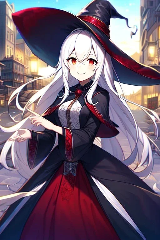 girl, masterpiece, best quality, cinematic lighting, detailed outfit, vibrant colors, perfect eyes, long hair, white hair, red eyes, witch outfit, smile, angry, landscape, town,