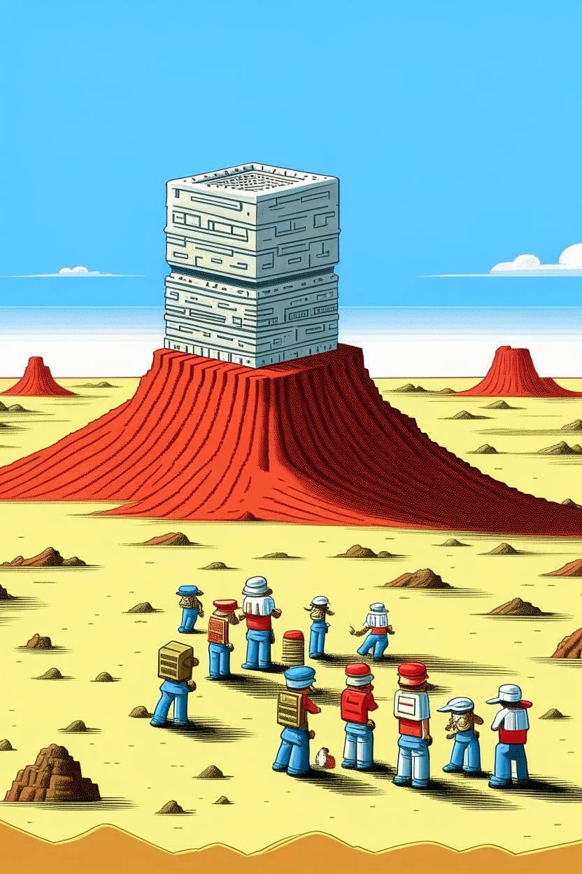 giant matchbox with pepe on the top smoking in the desert with small people around n the style of Hiroshi Nagai