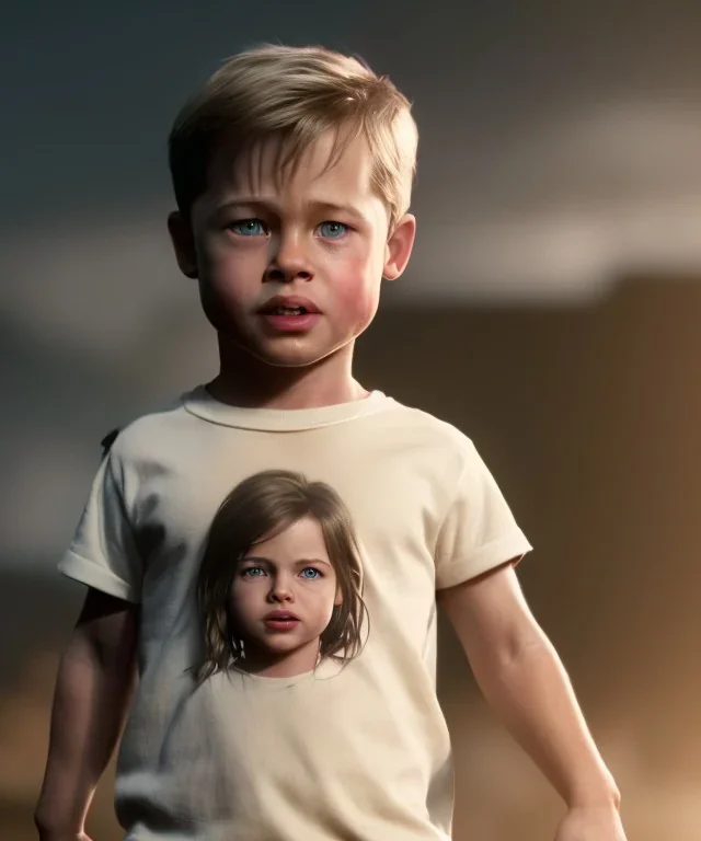 Brad Pitt toddler, full body, shoe, car, soft, dramatic lighting, hyper realistic