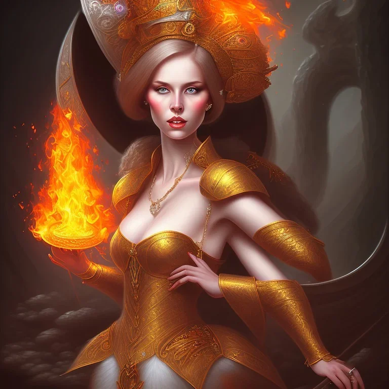 portrait lady fire with big bobs no top long black hairs in castle