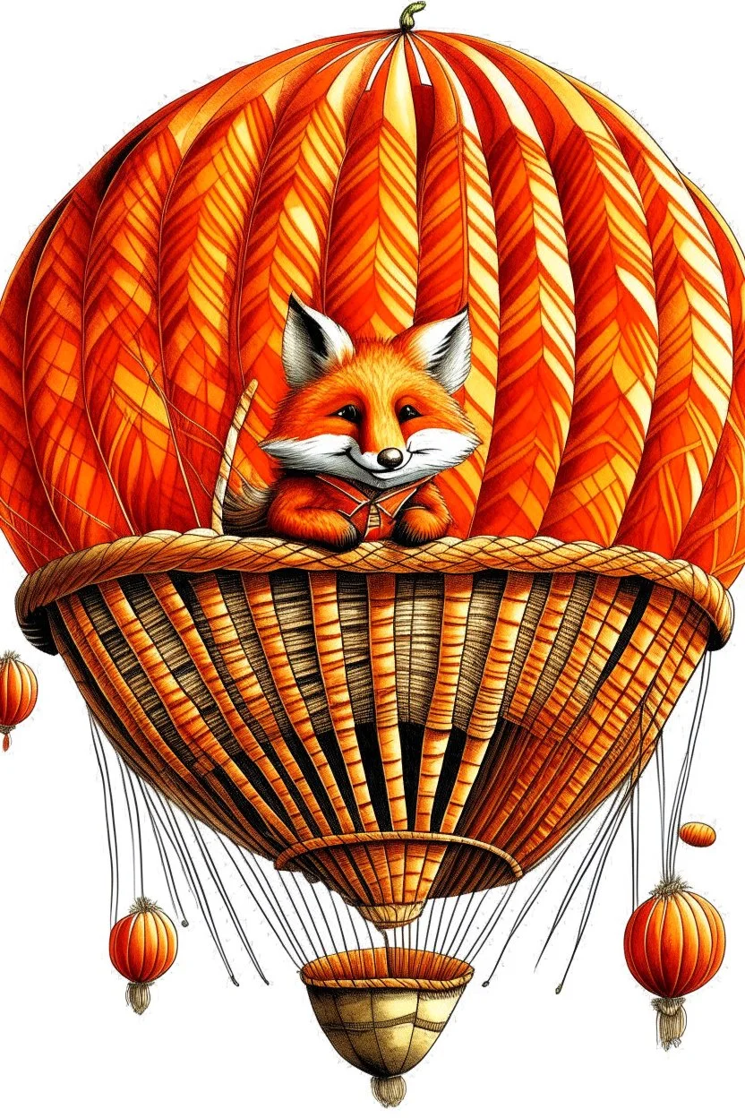 Color illustration of a ultra photo realistic happy red fox sitting inside a detailed wicker basket which is hanging below a perfect round orange colored hot air ballon on a white backgound, the fox is not inside the ballon, you can see the fox's tail, nothing should be hanging from the basket, full image of hot air ballon, every element; fox, wicker basket, ballon should be in proportion to one another, in the background you can see the leaning tower of Piza