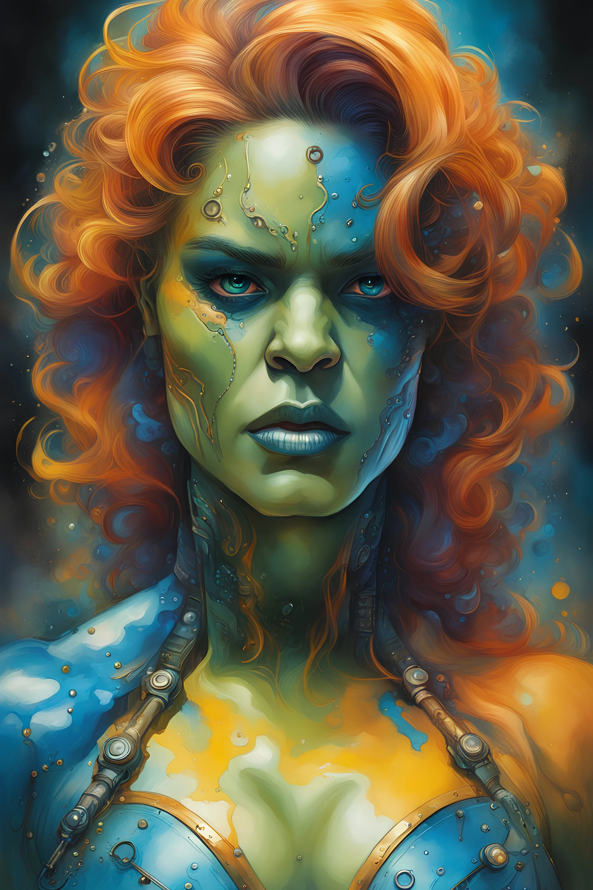 woman hulk iSteampunk, cyberpunk, analog style, Portrait of a cyborg yellow blue turcoise and orange multicolor ink flow: 8k resolution photorealistic masterpiece: Albert Seveso: Anna Dittmann: intricately detailed fluid gouache painting: by Jean Baptiste Mongue: calligraphy: acrylic: watercolor art, professional photography, natural lighting, volumetric lighting maximalist photoillustration: by marton bobzert: 8k resolution concept art intricately detailed, complex, elegant, expansive, fantasti