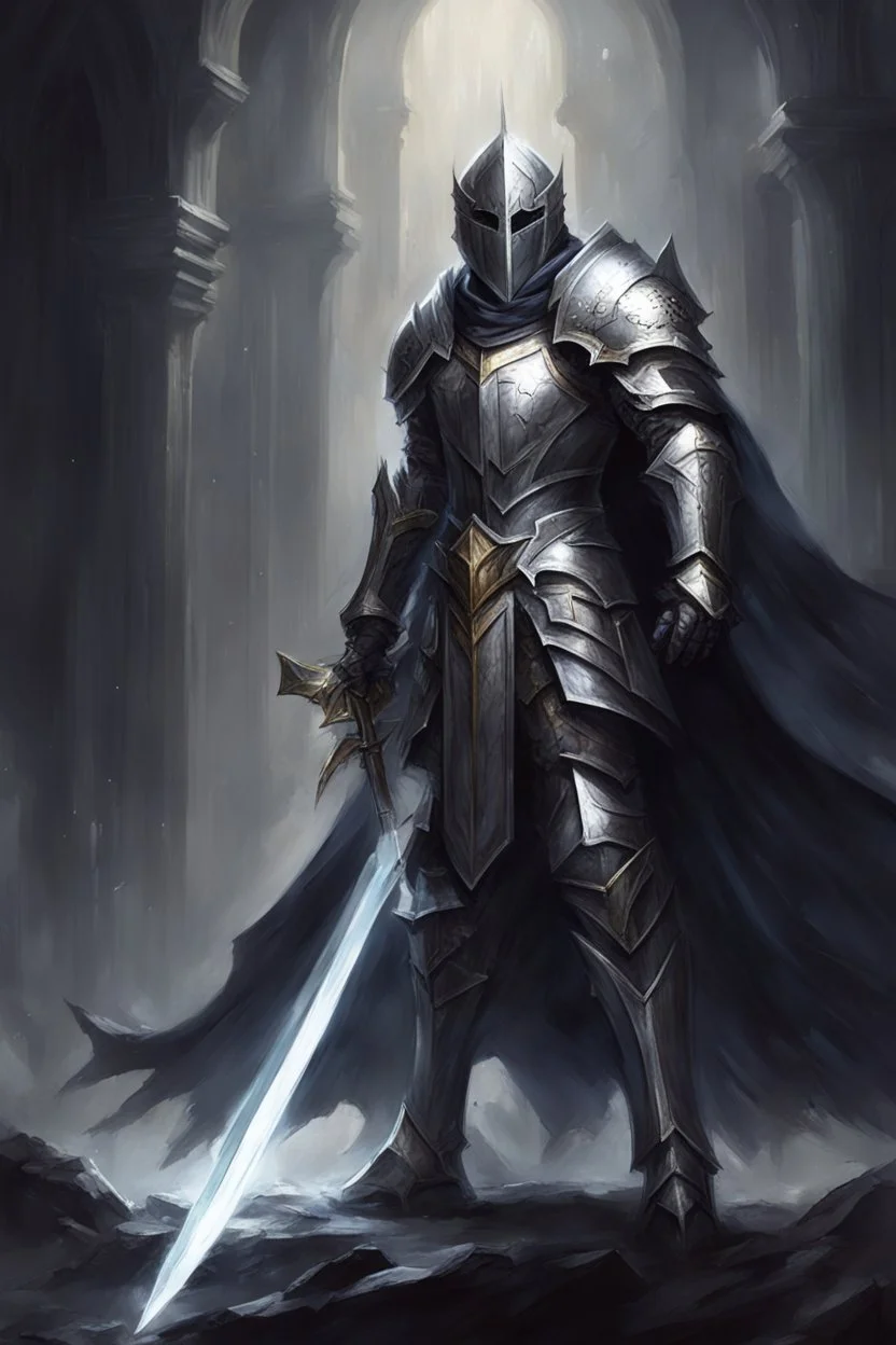 holy knight paladin in dark silver armor and a cape wielding a sword in abyss