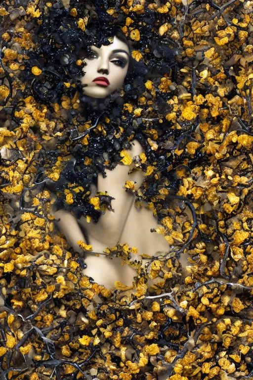 abstract creation of a beautiful girl with black curly hair, surrounded by black roses, thick metal chain broken, glass petals on the ground, autumn colours,dried out thorn bush, chaos,