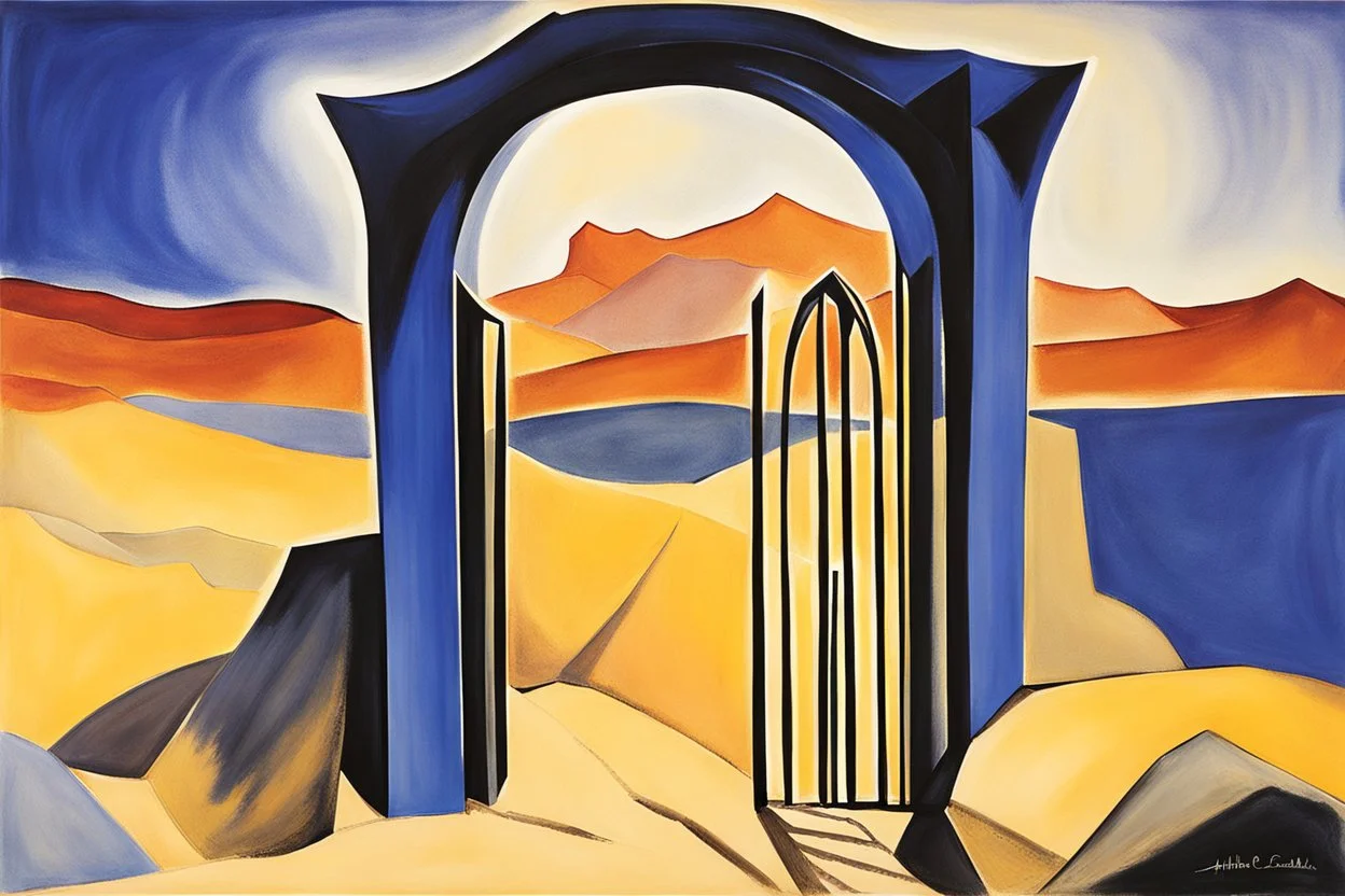 A gothic_arab glass gate in a blue wall with a view of a desert city by artist "Arthur Garfield Dove",by artist "Leonora Carrington",by artist "Emil Nolde"