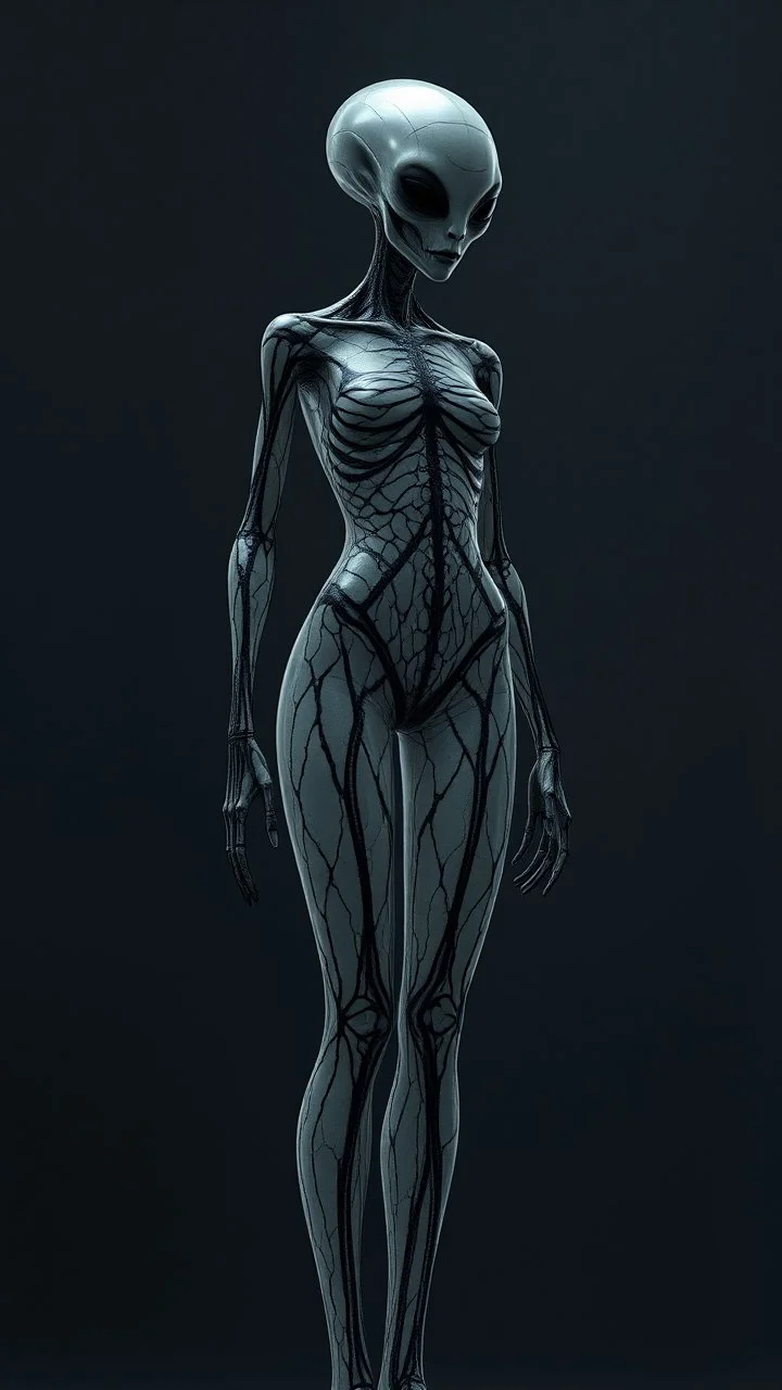A transparent of a tall alien figure with black vein texture of human veins, mixing together a lot of them, making a shape of a woman,