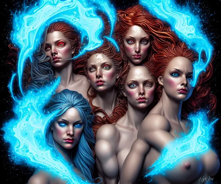 Four doll divine representing each, one of each of the elements of the four elements: Fire: Earth: Air: Water. Four female figures. Mark Brooks and Dan Mumford, comic book art, perfect, smooth elemental galactic space core. Detailed photograph, WLOP, Unreal Engine 5 volumetric lighting. Insanely intricate face, soft hair, hyper detailed painting by Ismail Inceoglu Huang Guangjian and Dan Witz Central fantasy art album cover art resolution HD