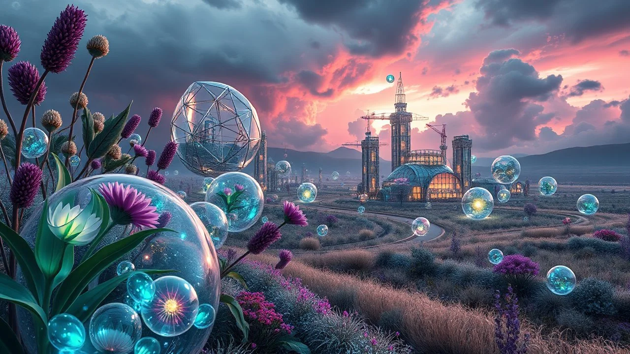 Dynamic cifi country side ,hypnotic of 3D structures Symmetry twisting and morphing between cifi plants , cifi flowers and metal geometric 3d structures buildings ,cifi cars, smooth translucent iridescent glass with inner glow and bubbles, varied transparent materials, stormy skies, intense dramatic