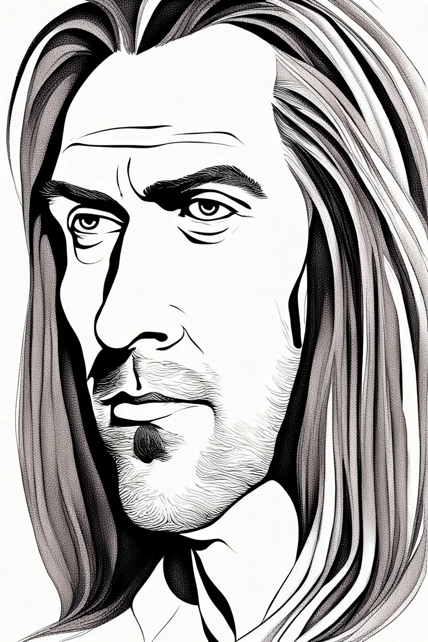 This image depicts a lifelike caricature of a man with long hair. The man is the central figure in the picture, taking up most of the space, with his features and hair color against a white background. The image has an artistic style that leans toward abstraction, making it an interesting piece of art. The man's face is one of the most dominant aspects of this image. His facial features are emphasized, and a lot of character is shown, which is typical of anime drawings. This photo doesn't h