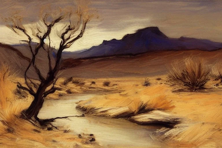 Dry trees, night, arid land, vegetations, rocks, little river, mountains, philip wilson steer impressionism painting