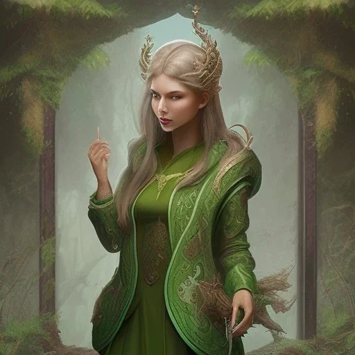 spray painting fantasy art, portrait cute elven priest with green clothes standing in portal to wet forest world from desert world with camels,poetry book illustration