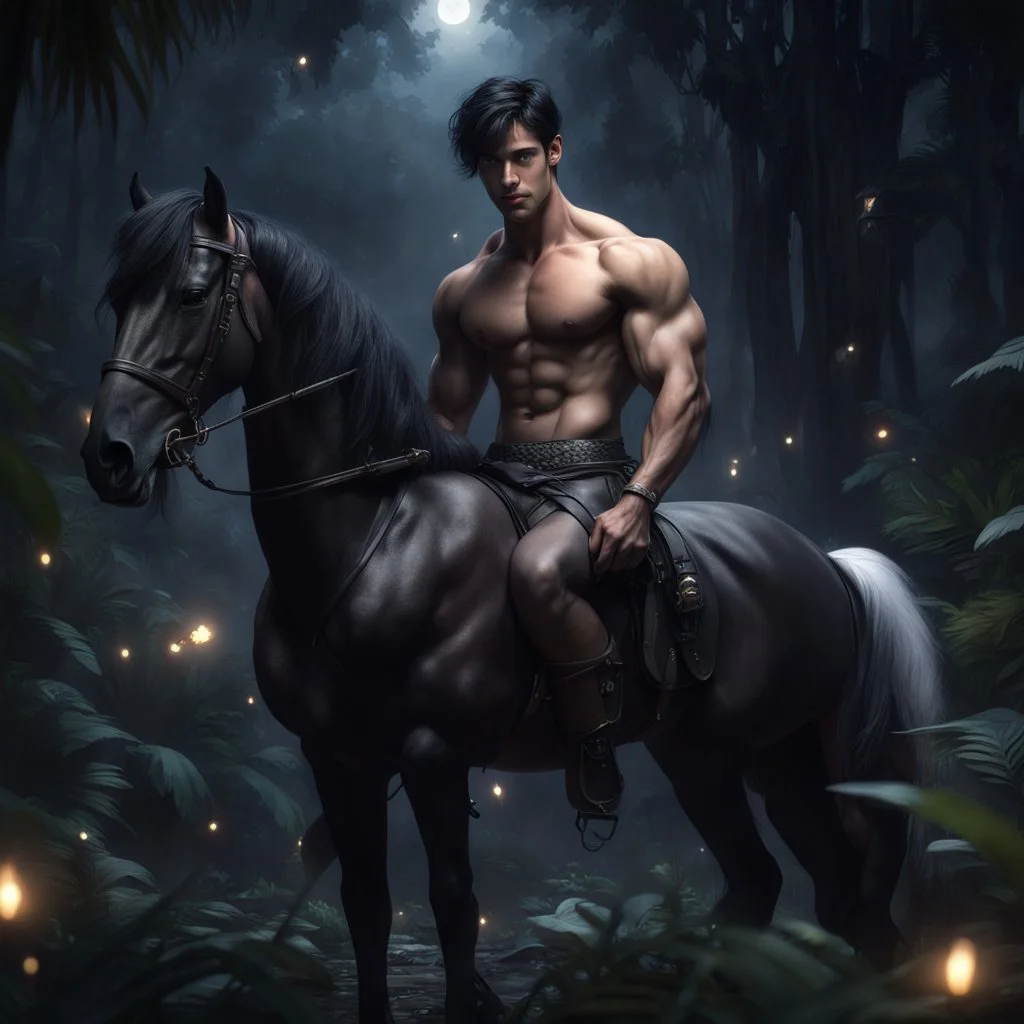 Hyper Realistic shirtless handsome muscular prince with short black hair sitting on a black horse with white hair in a dark jungle with fireflies at a dark night