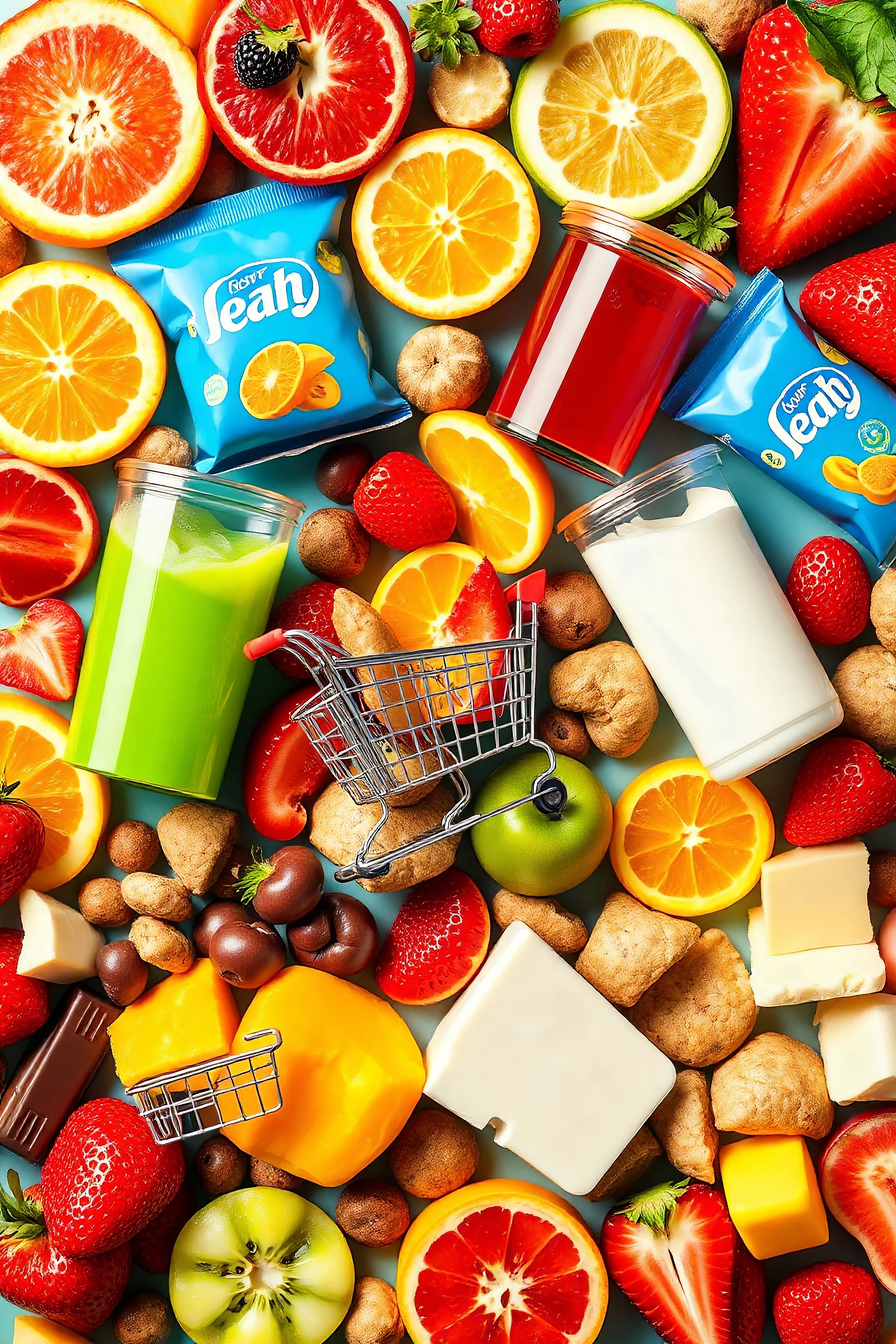 A design filled with various fruit juices, tropical fruit slices, chips, soda, various chocolates, shopping carts, cheese, butter, pasteurized milk, and dairy products in bright, cheerful, and eye-catching colors.