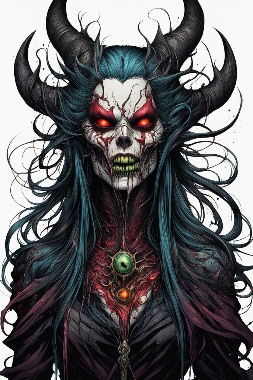 highly detailed full color concept illustration of ravenous female Bruxa character , maximalist, sharp focus, highest resolution, in the styles of Alex Pardee, Denis Forkas , and Masahiro Ito, boldly inked, 8k, coarse, gritty textures