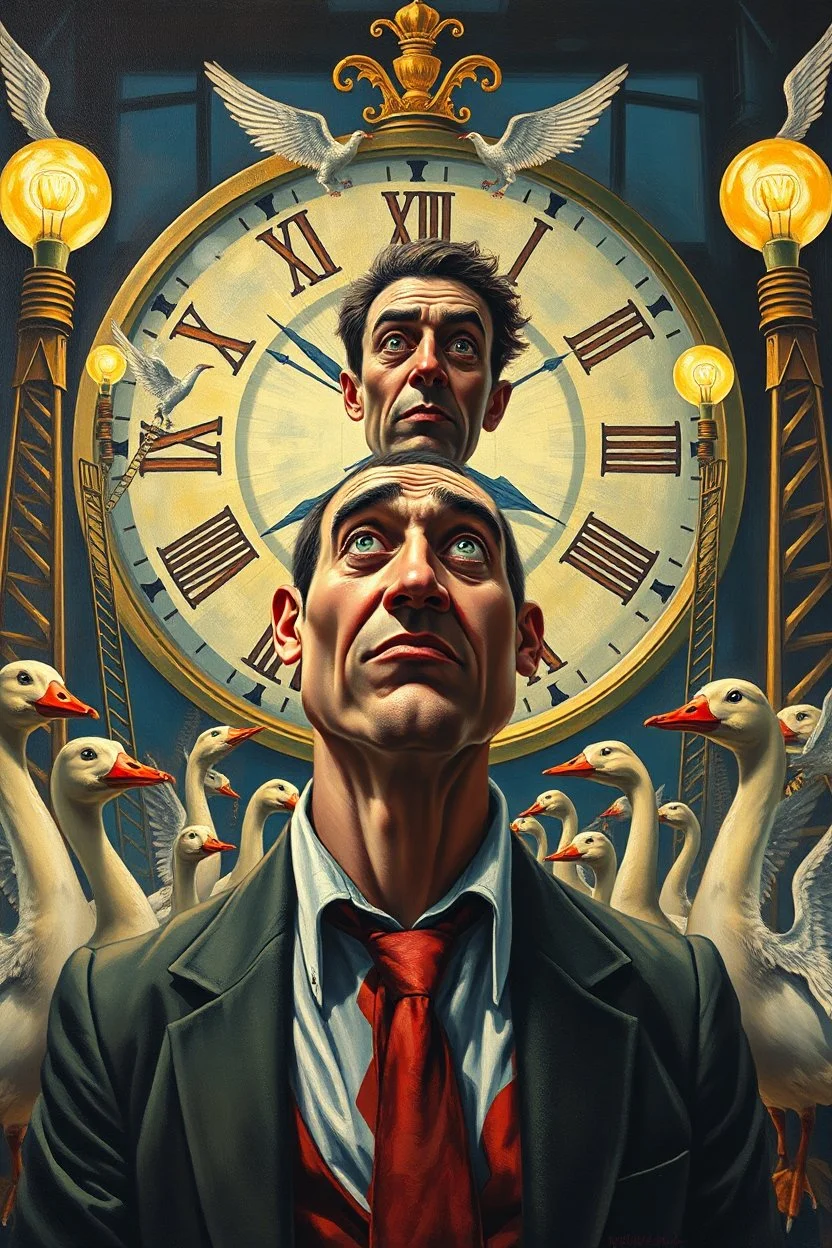 oil painting of news muscle gambler scientist journalist harlequin playing geese dinosaur reptiles in very bright light bulb factory on the docks with twisted ladders with the most a confused look on his face in front of a huge glass prism clock with angels, in the style of Escher and Dali