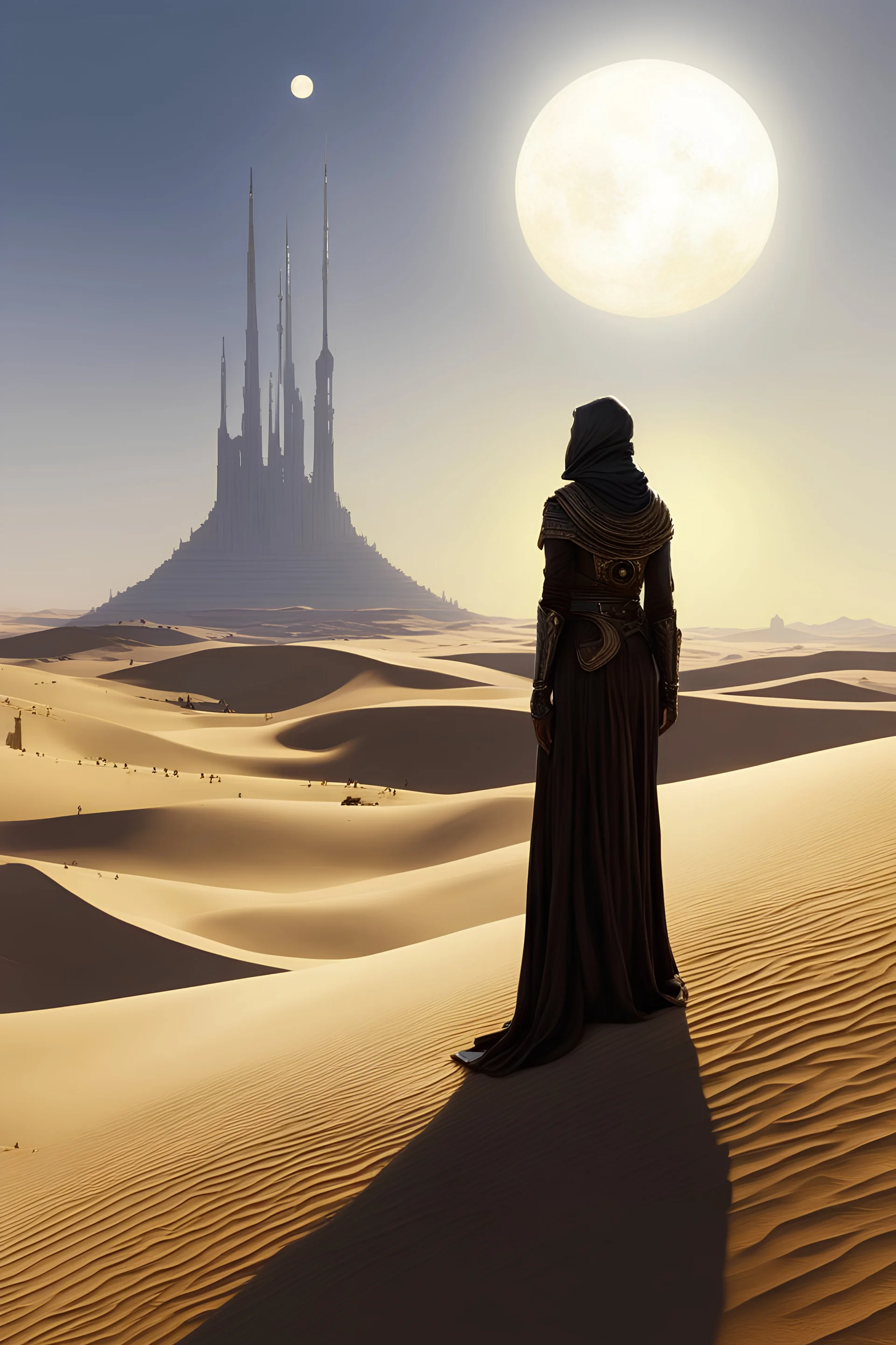 [kupka] The twin suns sink low on the horizon as Afrey stands sentinel upon the dune, etched skins shifting in their dying light. She is the last guardian of Tatooine now, all other Defenders fallen these past moons. But her people remain, and while even one dwells in this town she will stand.Long she has kept her lonely vigil here, choosing a vantage apart where she may see and be unseen. Her keen eyes note every shadow, searching for any threat borne on the fading breeze. One hand rests lightl