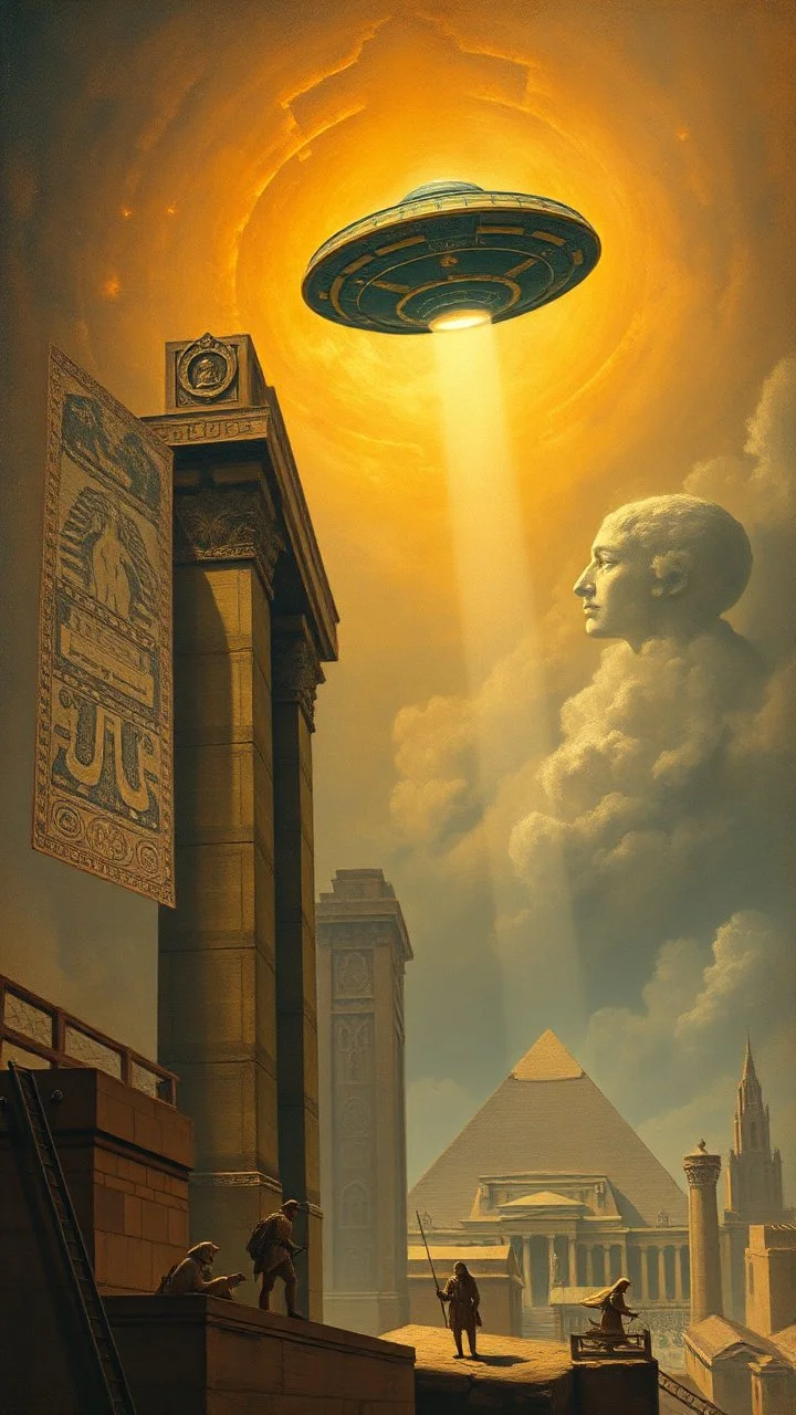 Bosch painting style building the Egyption paramount by giants and ufo spaceship