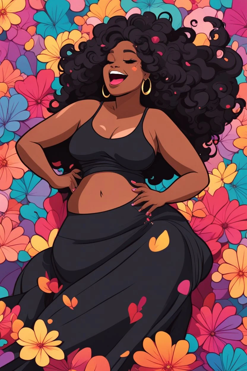 A sassy thick-lined abstract art style cartoon black female lounging lazily on her side, surrounded by colorful large flower petals. her curvy body silhouette a black maxi dress. Looking up coyly, she grins widely, showing teeth. Her poofy hair forms a mane framing her confident, regal expression.