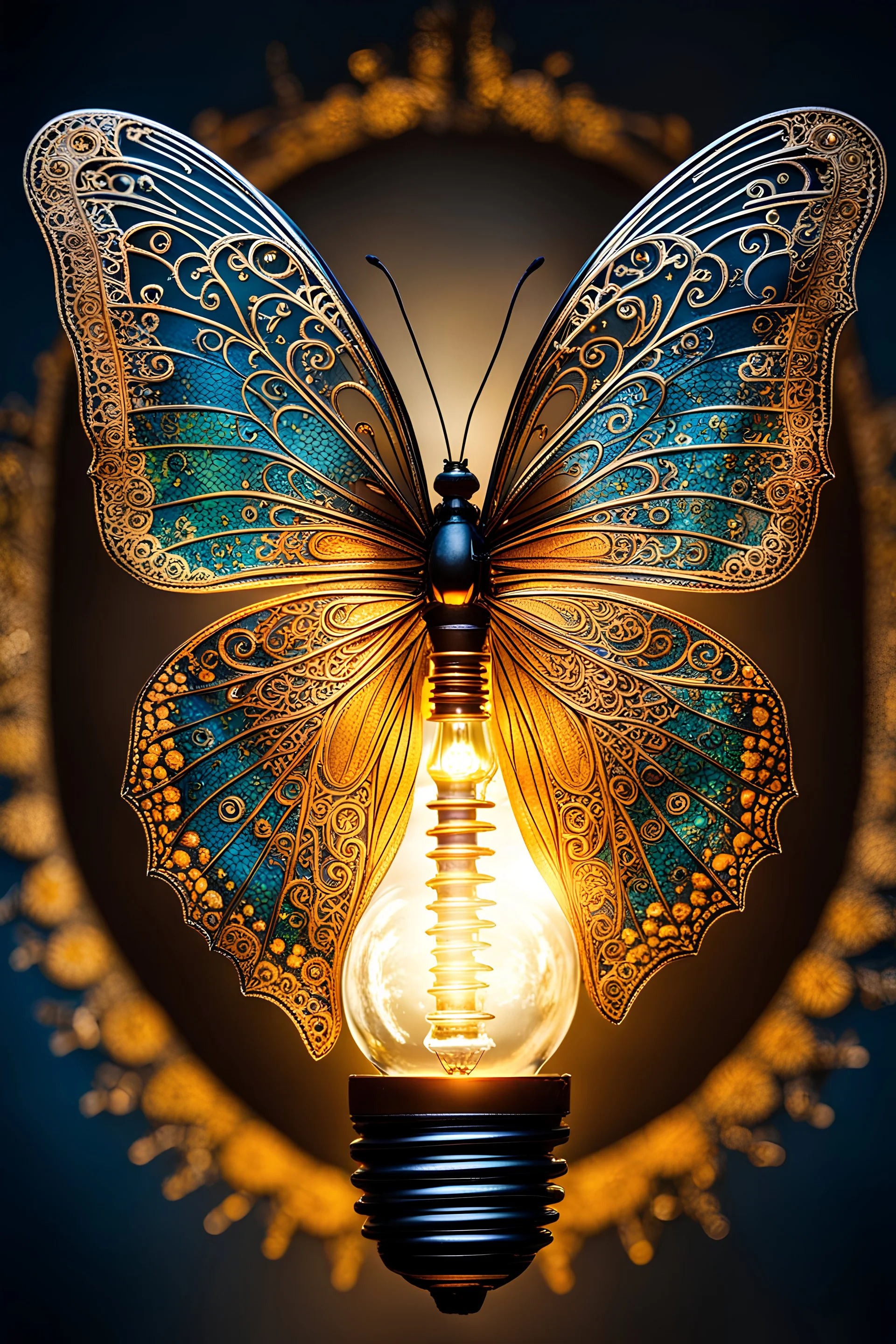 Small butterfly inside to light bulb , intricate design in background , natural vivid colors, dynamic light and shadow, very detailed scene with intricate details,