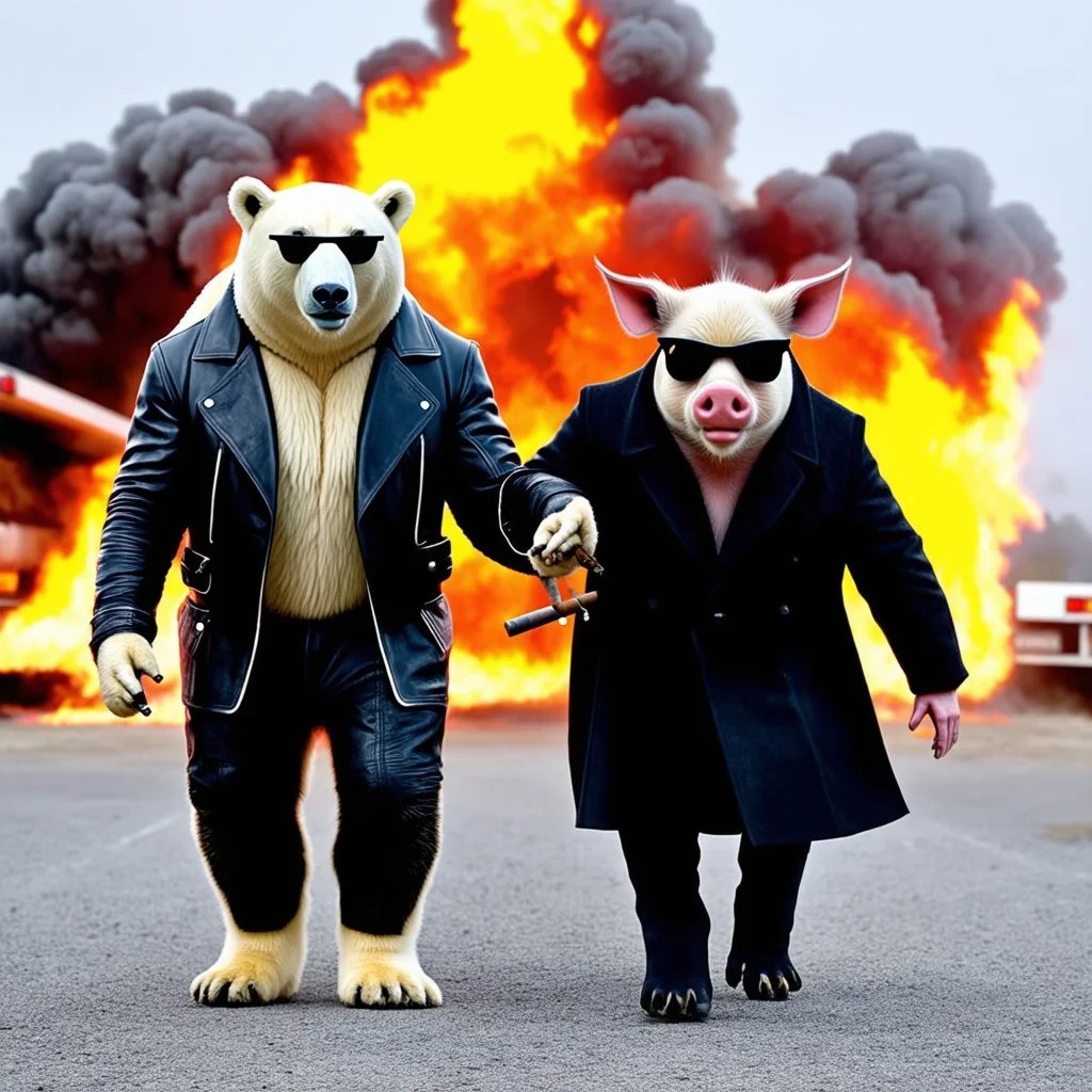 Create a Grainy movie still encapsulating a dramatic, gritty action scene. A white polar bear and a rough-skinned pig, both anthropomorphized and hip-looking, are the characters of focus. The polar bear is flaunting a black leather coat, and both characters sport stylish shades. The pig is smoking a cigar. They strut forward against the backdrop of a fiery explosion of an oil tanker semi truck, evoking aesthetic elements often seen in popular high-octane action films of the 2000s.