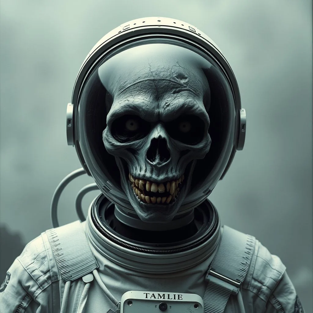 realistic astronaut zombie, regressive overlapping timeline, horror art, by Joel-Peter Witkin and HR Giger, by Wes Benscoter, mind-bending fantastical photograph; dramatic and ominous, cosmic horror,