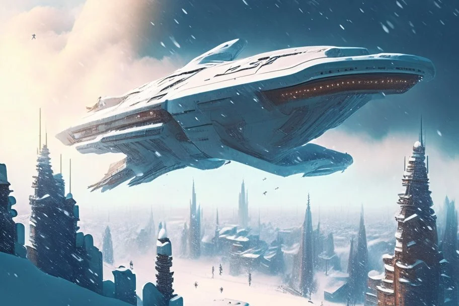 spaceship flying low over a snow-covered city