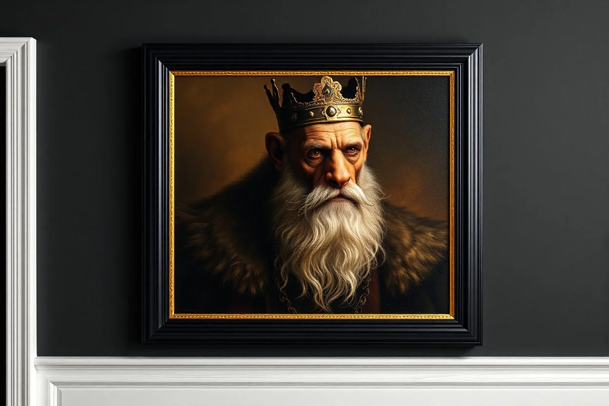 king weasel in style of Rembrandt and Fallout 4, with motion blur, all on a painting on wall with black wooden frame and with black wall background